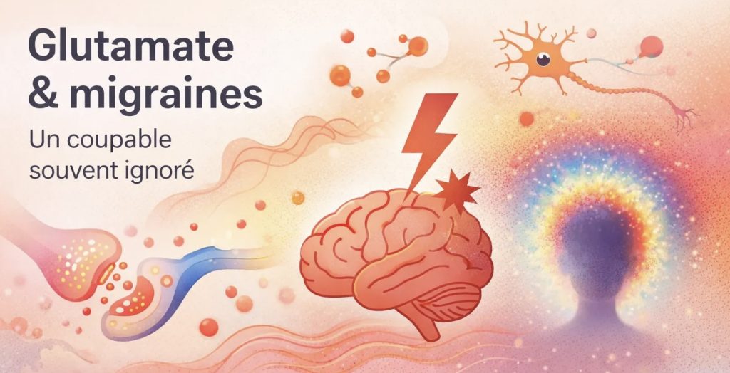 Illustration de migraine liée au glutamate : aura migraineuse, neurone et cerveau en surstimulation.