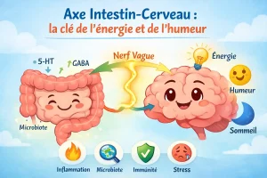 Illustration de l’axe intestin-cerveau : intestin et cerveau reliés par le nerf vague, avec microbiote, inflammation, stress, énergie, humeur et sommeil.