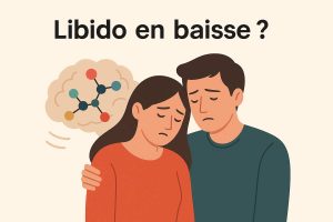 Illustration d’un couple fatigué avec le texte « Libido en baisse ? », pour un article sur le rôle des neurotransmetteurs dans le désir sexuel.