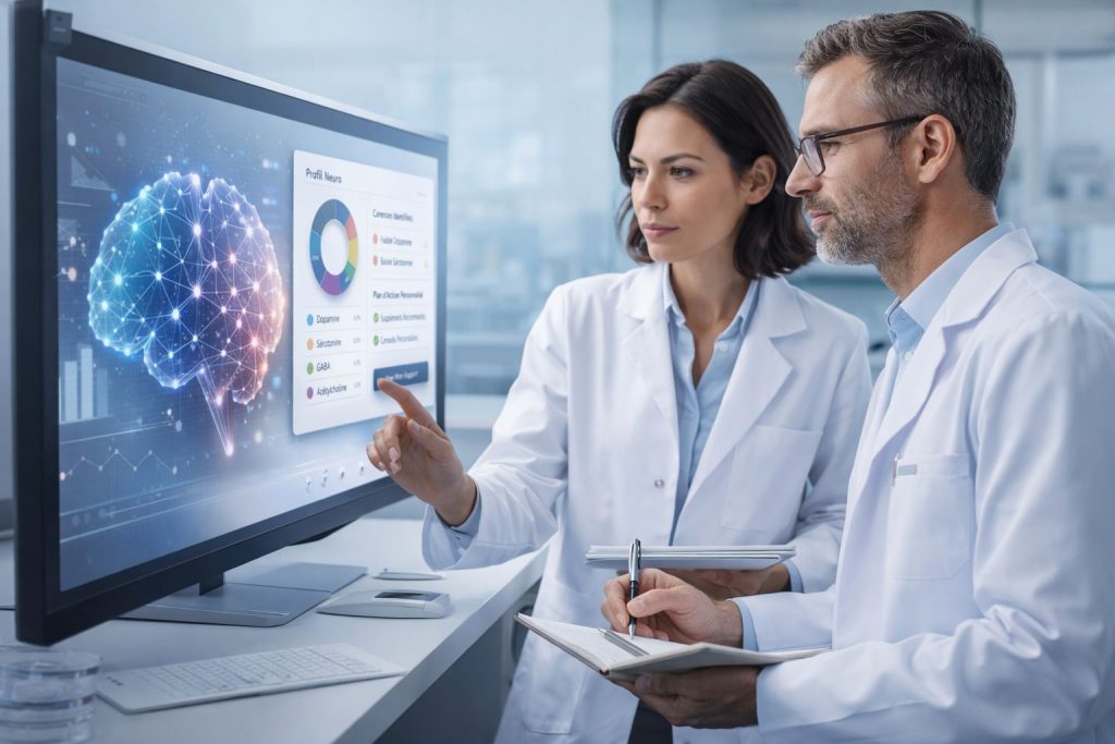 Deux scientifiques analysent un tableau de bord du test de neurotransmetteurs (profil et carences) sur Neuramine.