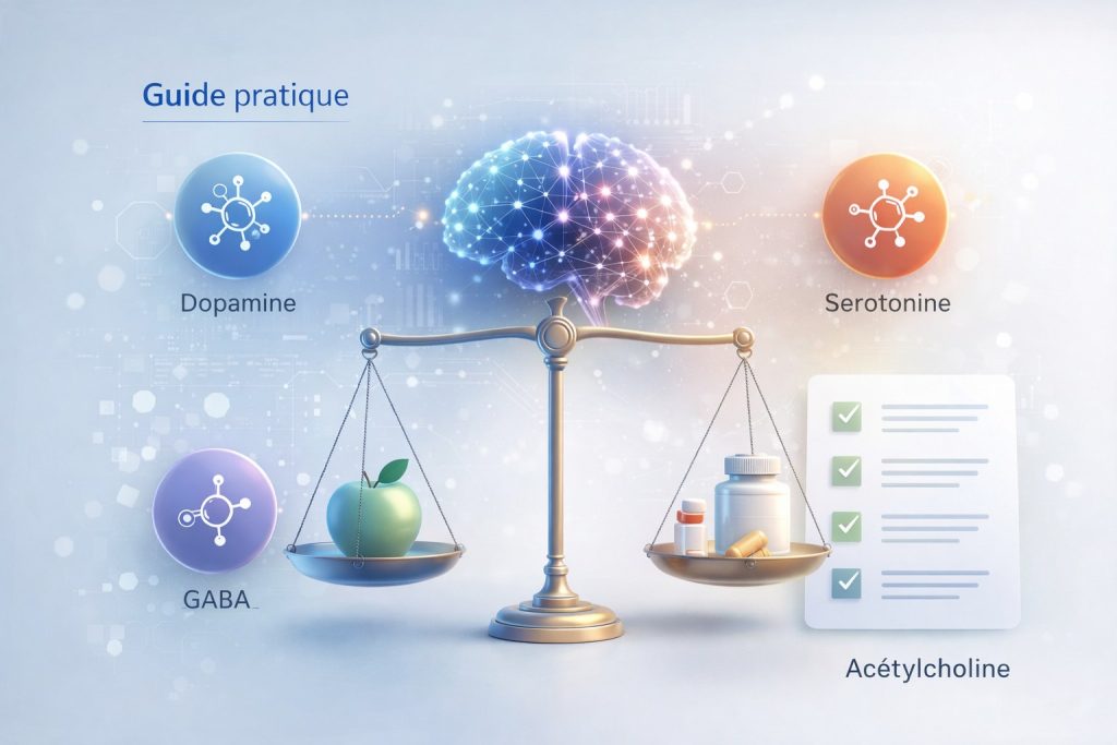 Infographie : guide pratique pour équilibrer naturellement dopamine, sérotonine, GABA et acétylcholine.