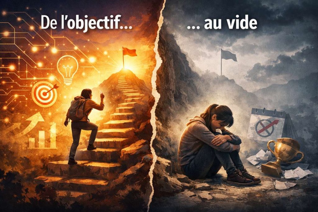 Illustration d’une personne portée par un objectif puis vidée après l’avoir atteint, pour représenter le lien entre dopamine et motivation.
