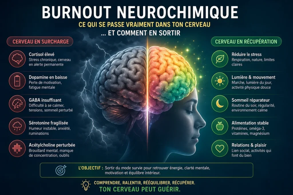 Infographie sur le burnout neurochimique montrant un cerveau en surcharge mentale et un cerveau en récupération, avec les rôles du cortisol, de la dopamine, du GABA, de la sérotonine et de l’acétylcholine.