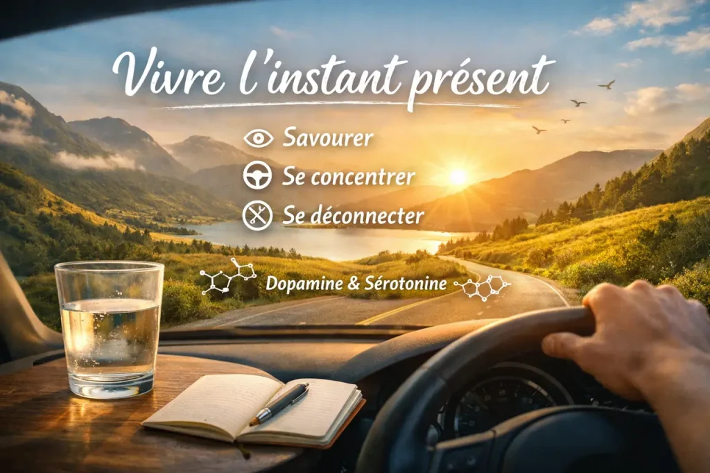Illustration d’une route au soleil vue depuis une voiture, avec le message vivre l’instant présent, savourer, se concentrer et se déconnecter.